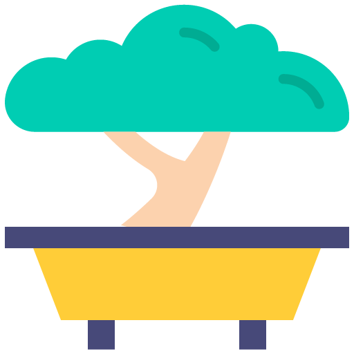 Ilustración vectorial de un árbol bonsái en una maceta amarilla con base morada sobre fondo negro