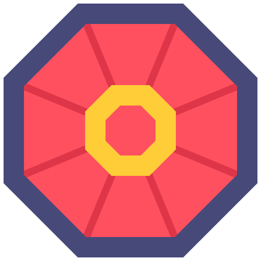 Ilustración vectorial de una figura geométrica octogonal concéntrica con capas en colores azul, rojo y amarillo sobre fondo negro.