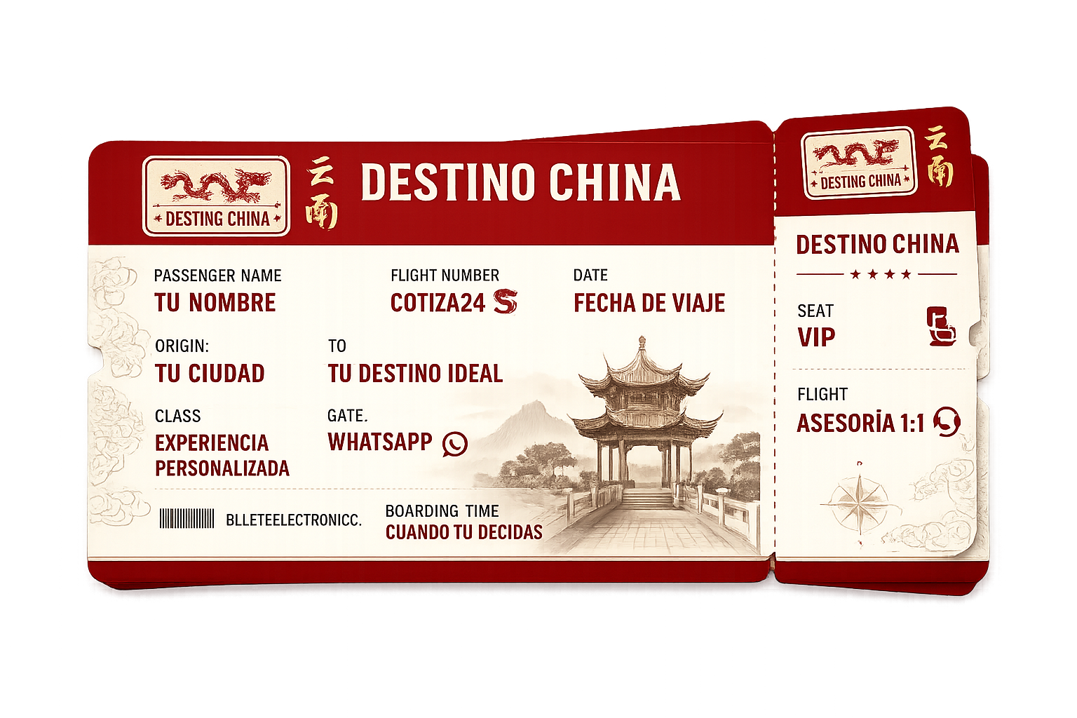 boletó de avión con logo de destino china