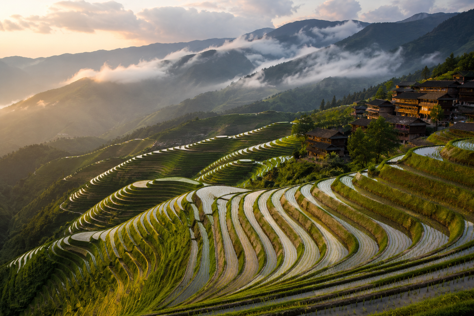 Vista panorámica de las Terrazas de Arroz de Longji, China, con campos escalonados de intenso color verde que descienden por las montañas, reflejando la luz del amanecer. Al fondo se observan montañas cubiertas de neblina y un tradicional pueblo de madera, creando un paisaje natural espectacular y sereno.