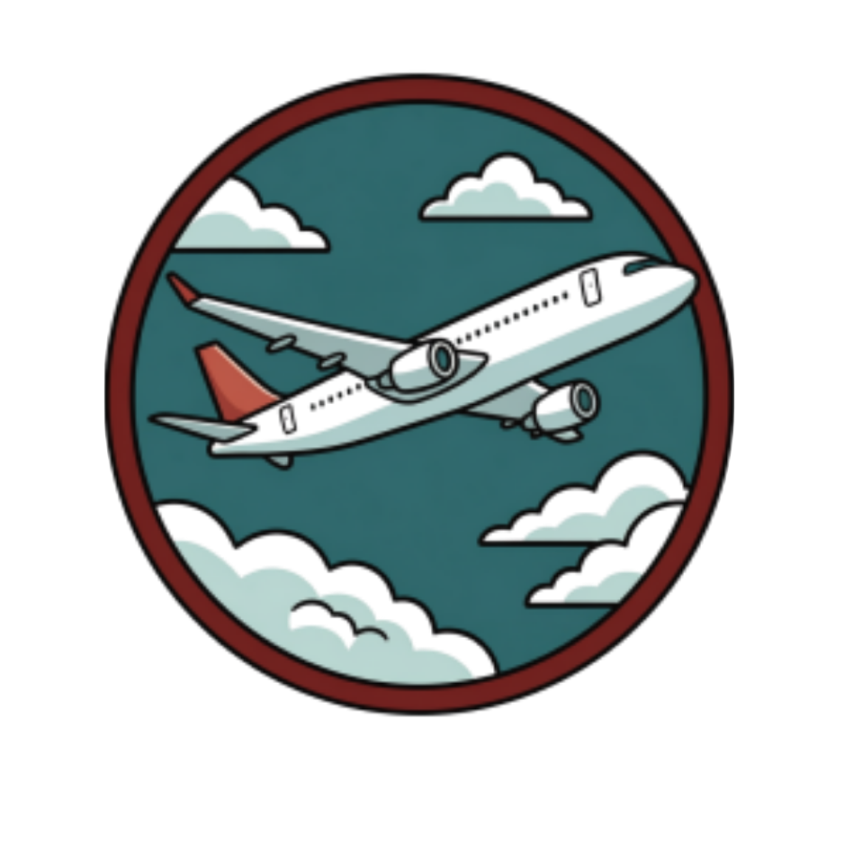 Icono circular que ilustra un avión comercial blanco volando de perfil entre nubes estilizadas sobre un fondo verde azulado con líneas de vectores, simbolizando la búsqueda y reserva de vuelos internacionales e internoS