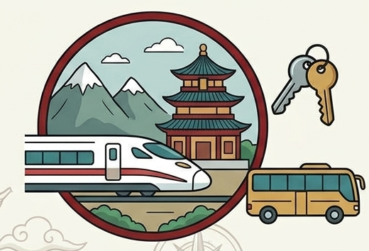 Ilustración dentro de un marco circular que muestra un tren de alta velocidad moderno circulando frente a una pagoda tradicional china y montañas nevadas. En el exterior se aprecian un autobús turístico amarillo y un juego de llaves