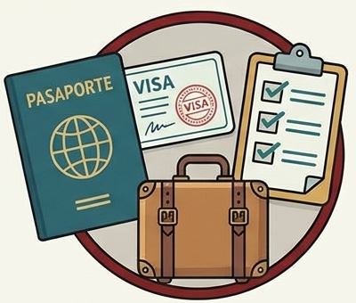 Icono circular que reúne los elementos finales de un viaje listo: un pasaporte verde, una visa aprobada con sellos, una maleta de mano clásica de color café y una tabla portapapeles con una lista de verificación completada